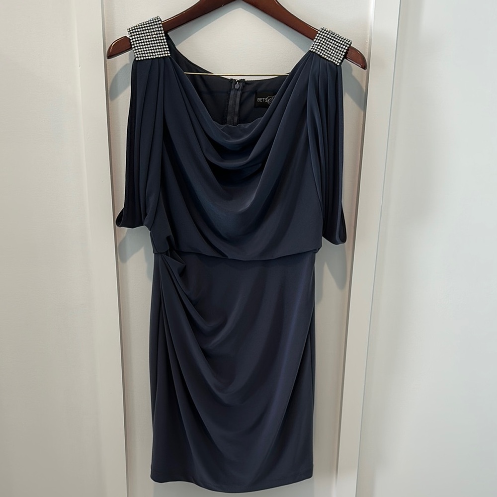 Betsy & Adam Grey with Rhinestone Detail Cocktail Dress